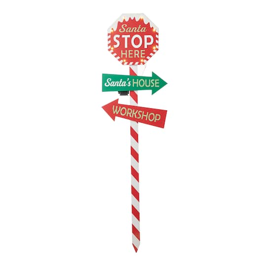 Glitzhome&#xAE; 41.75&#x27;&#x27; Lighted Santa Stops Here Wooden Yardstake